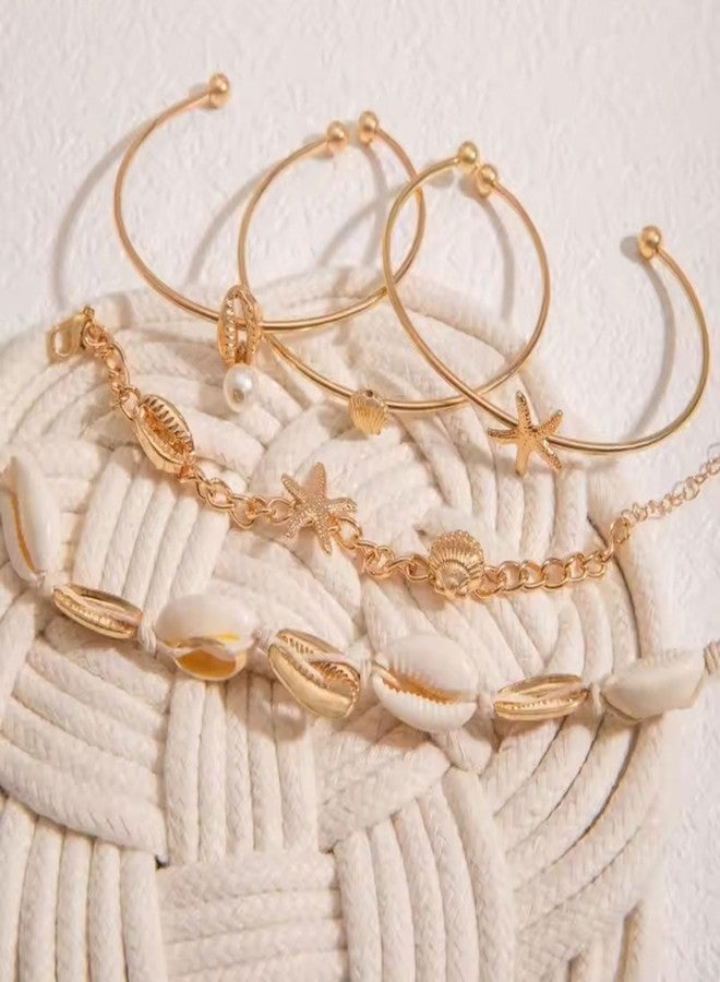 TACBSP Gold Shell Bracelet for Women Boho Starfish Seashell Pearl Stack Bracelets Layered Shell Starfish Bangle Bracelet Summer Beach Jewelry Gifts for Women (Gold A) - Image 5