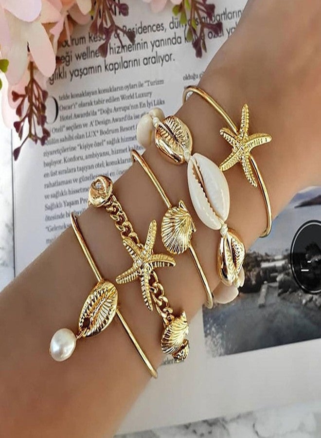TACBSP Gold Shell Bracelet for Women Boho Starfish Seashell Pearl Stack Bracelets Layered Shell Starfish Bangle Bracelet Summer Beach Jewelry Gifts for Women (Gold A) - Image 3