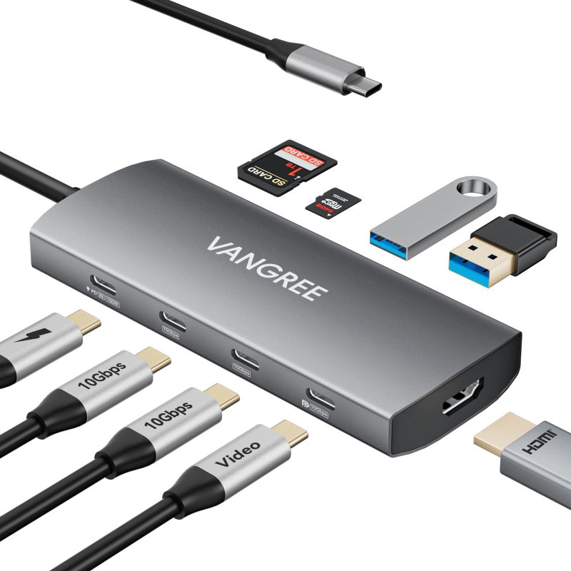 VANGREE USB C Video Output Hub, 3 USB-C & 2 USB-A 3.2 10Gbps Ports, 4K@60Hz HDMI, 100W PD, SD/TF, USBC Splitter Dual Monitor Adapter for MacBook Pro/Air, iMac, iPad Pro, XPS, Surface, Galaxy S22,Samsung DEX - Image 1