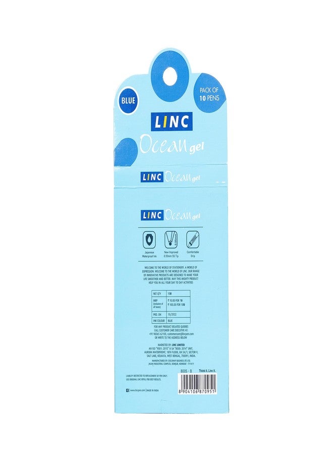 Linc Ocean Classic 0.55mm Gel Pen | Blue Ink | Set Of 10 - Image 2