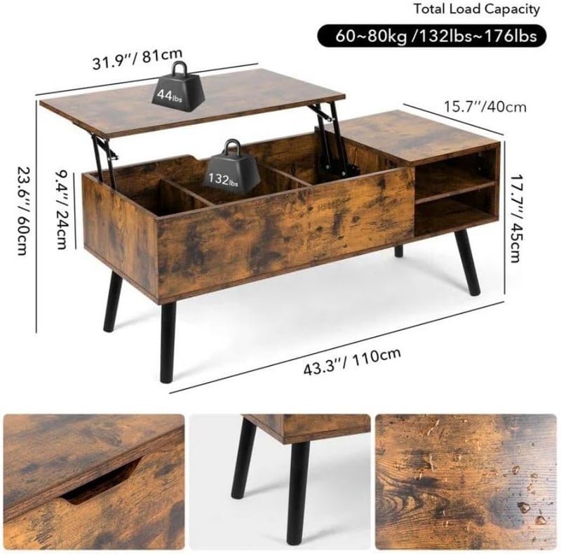VOWNER Lift Top Coffee Table, 3 in 1 Multi-Function Coffee Table with Hidden Compartment, Modern Coffee Table Converts to Dining Table for Living Room Reception (Rustic Brown) - Image 2