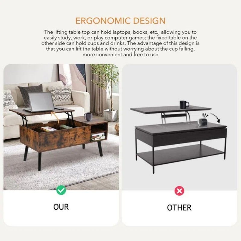 VOWNER Lift Top Coffee Table, 3 in 1 Multi-Function Coffee Table with Hidden Compartment, Modern Coffee Table Converts to Dining Table for Living Room Reception (Rustic Brown) - Image 4