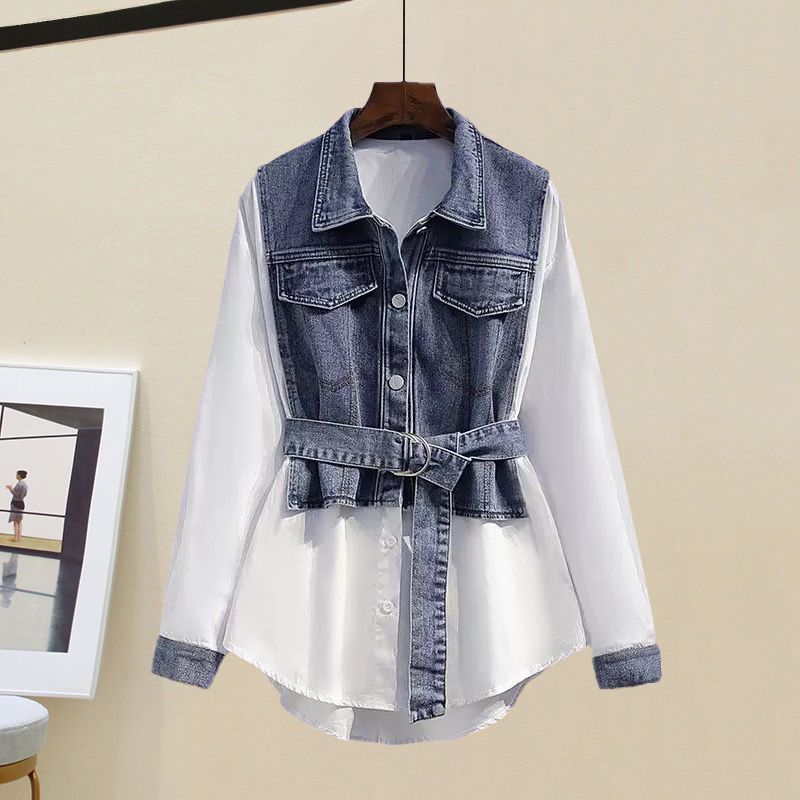 2024 plus size womens new fat sister gas texture fake two-piece shirt jacket jeans two-piece set Single piece of top