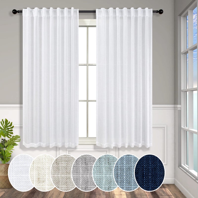 Pitalk Solid White Curtains 54 Inch Length For Bathroom 2 Panels Set Rod Pocket Back Tab Linen Organic Look Light Filtering Semi Sheer Energy Efficient Curtains For Boys Nursery Childrens Room 52X54 - Image 1