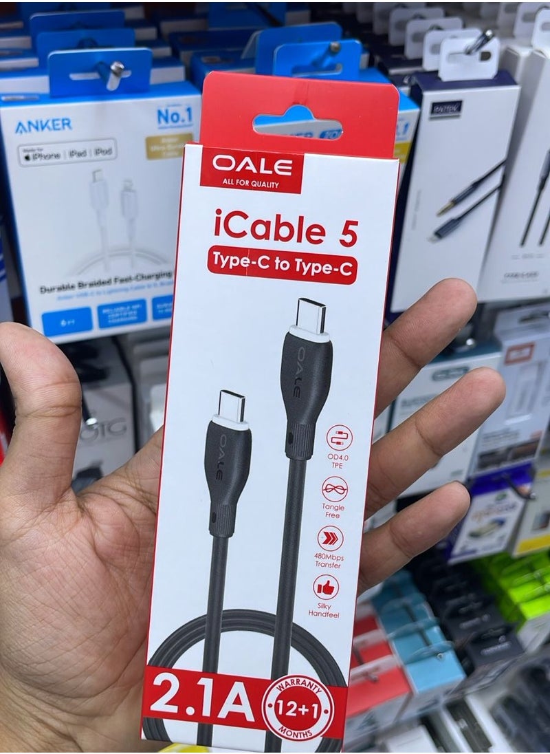 OALE iCable 5 | Type-C to Type-C Charging Cable | 2.1A Output | Tangle-Free | 480Mbps Data Transfer | OD4.0 TPE | 12+1 Month Warranty 