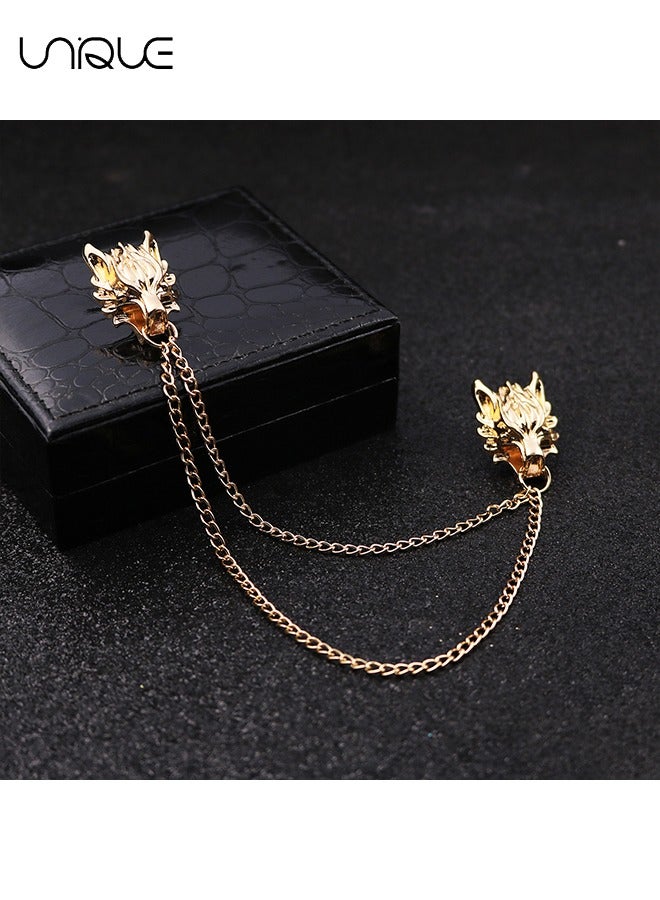 Unique 1Pcs Punk Wolf Head Long Chain Brooch Gold Chain Tassel Brooch Pin with Animal Design for Men's Suits Shirt - Image 3