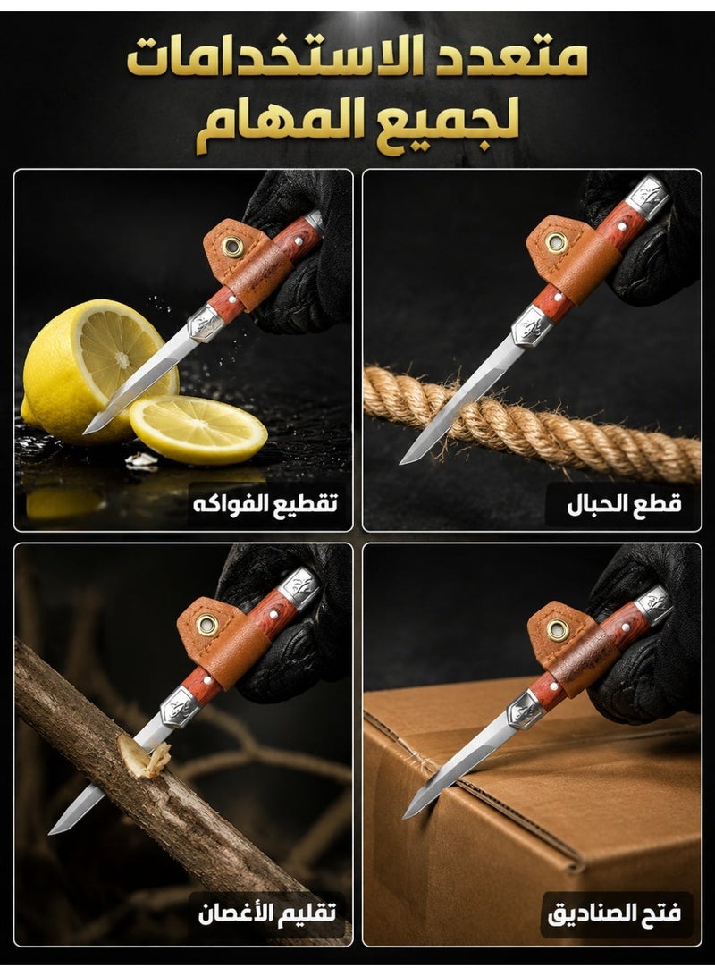 Portable Multifunctional Kitchen Knife with Wooden Texture Handle - Stainless Steel Blade Knife with Peeling Hook & Shredding Function, Camping Cooking Knife with Storage Case - Image 2