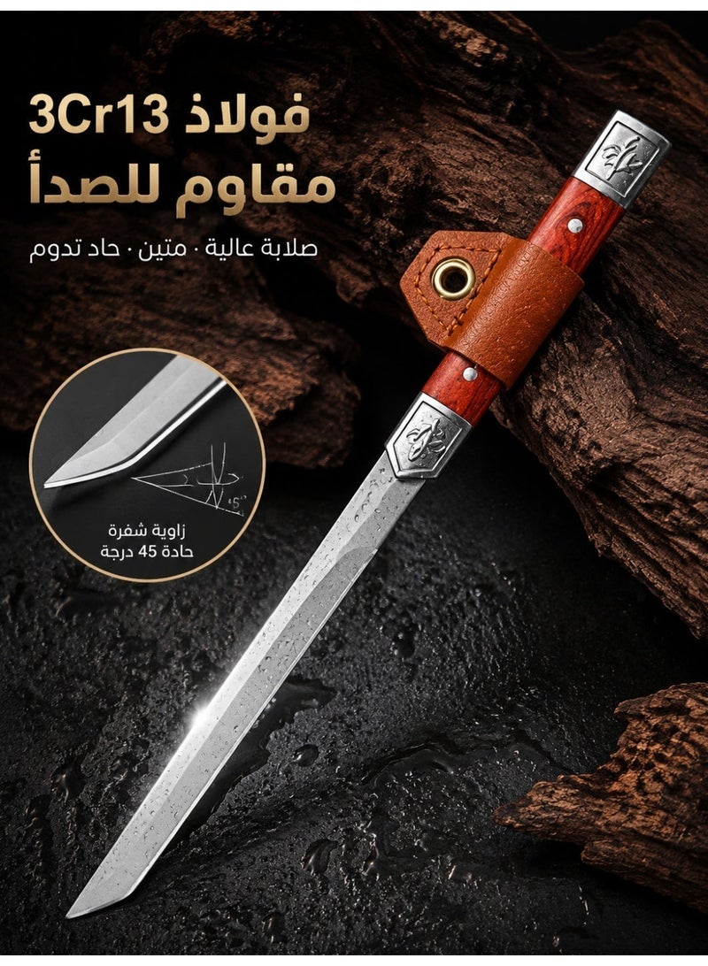 Portable Multifunctional Kitchen Knife with Wooden Texture Handle - Stainless Steel Blade Knife with Peeling Hook & Shredding Function, Camping Cooking Knife with Storage Case - Image 4