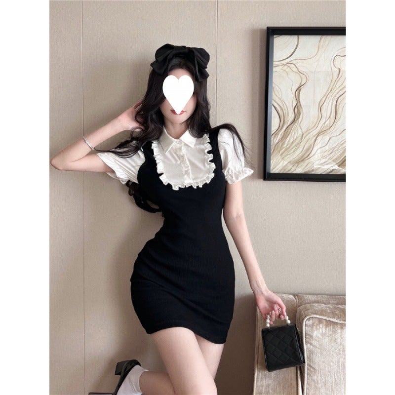 Fake Two-piece Short-sleeved Shirt Stitching Dress Womens Summer 2023 New Design Waisted Skirt Hip Skirt Black