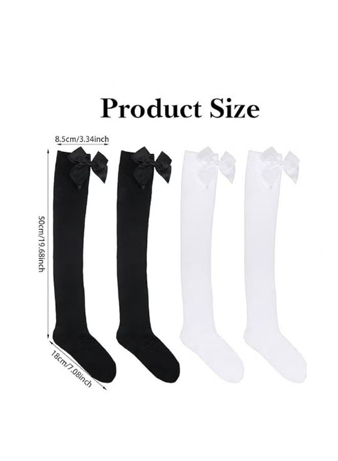 Happy D 4Pairs Women's Bow Knee High Socks - Cute Ribbon Over-the-Calf Socks - Solid Color Lolita Style Socks for Cosplay School Uniforms and Daily Matching (Black + White) - Image 4