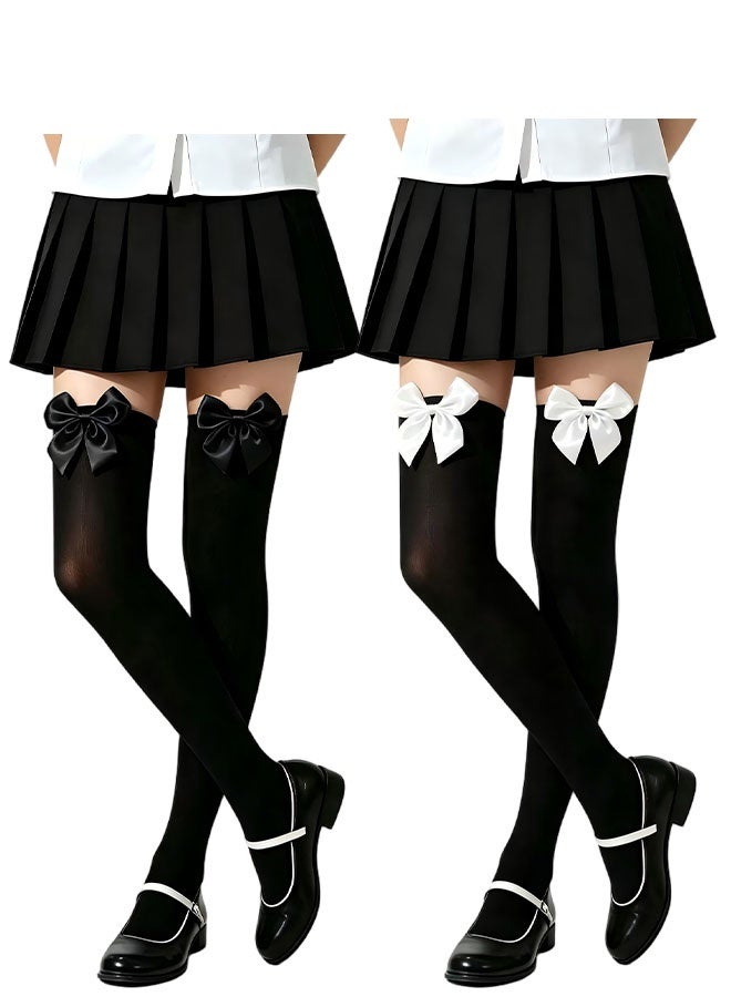 Happy D 4Pairs Women's Bow Knee High Socks - Cute Ribbon Over-the-Calf Socks - Solid Color Lolita Style Socks for Cosplay School Uniforms and Daily Matching (Black + White) - Image 3