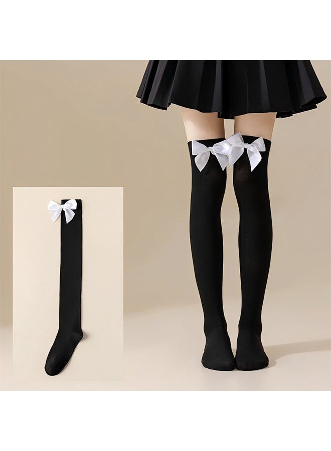 Happy D 4Pairs Women's Bow Knee High Socks - Cute Ribbon Over-the-Calf Socks - Solid Color Lolita Style Socks for Cosplay School Uniforms and Daily Matching (Black + White) - Image 5