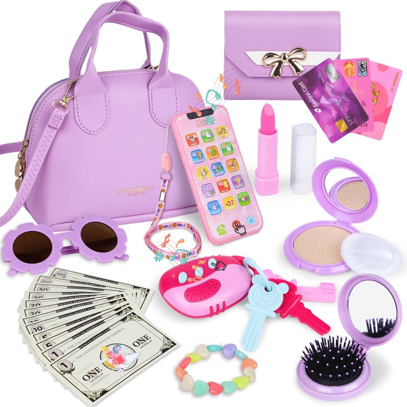 Learn2M Purple Play Purse for Little Girls Ages 36 My First Purse Toy with Handbag Makeup Set Sunglasses Smartphone Wallet Car Keys Credit Cards and Fake Money - Image 4