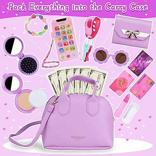 Learn2M Purple Play Purse for Little Girls Ages 36 My First Purse Toy with Handbag Makeup Set Sunglasses Smartphone Wallet Car Keys Credit Cards and Fake Money - Image 5