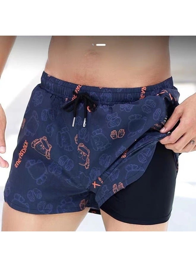 Loquat Anti-embarrassment Double-layer Swimming Trunks Printed Adult Men's Swimming Trunks Comfortable Boxers Plus Size Men's Swimming Trunks-Color:8802-5- - Image 3