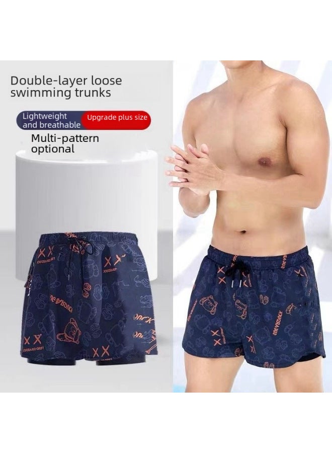 Loquat Anti-embarrassment Double-layer Swimming Trunks Printed Adult Men's Swimming Trunks Comfortable Boxers Plus Size Men's Swimming Trunks-Color:8802-5- - Image 2