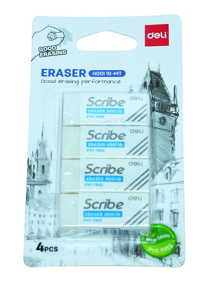 DELI ERASER 40×17×12MM (4PCS/BLISTER) WHITE EH00110-MT - Image 1
