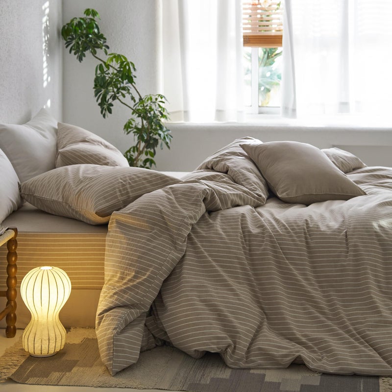 MooMee Bedding Duvet Cover Set 100% Washed Cotton Linen Like Textured Breathable Durable Soft Comfy (Tannish Linen Grey Stripe  Twin) - Image 3