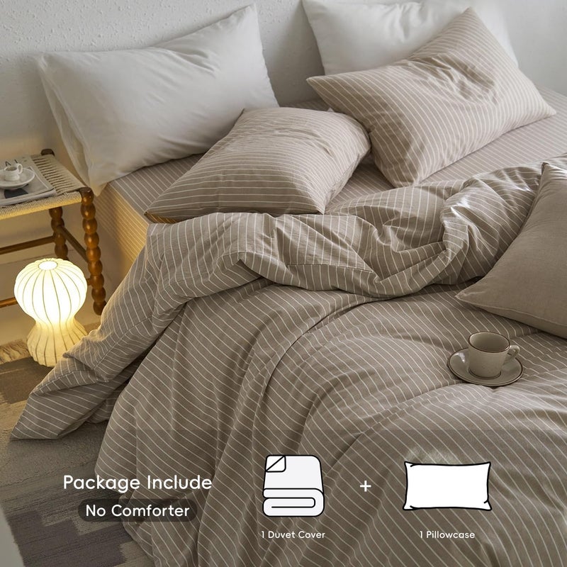 MooMee Bedding Duvet Cover Set 100% Washed Cotton Linen Like Textured Breathable Durable Soft Comfy (Tannish Linen Grey Stripe  Twin) - Image 2