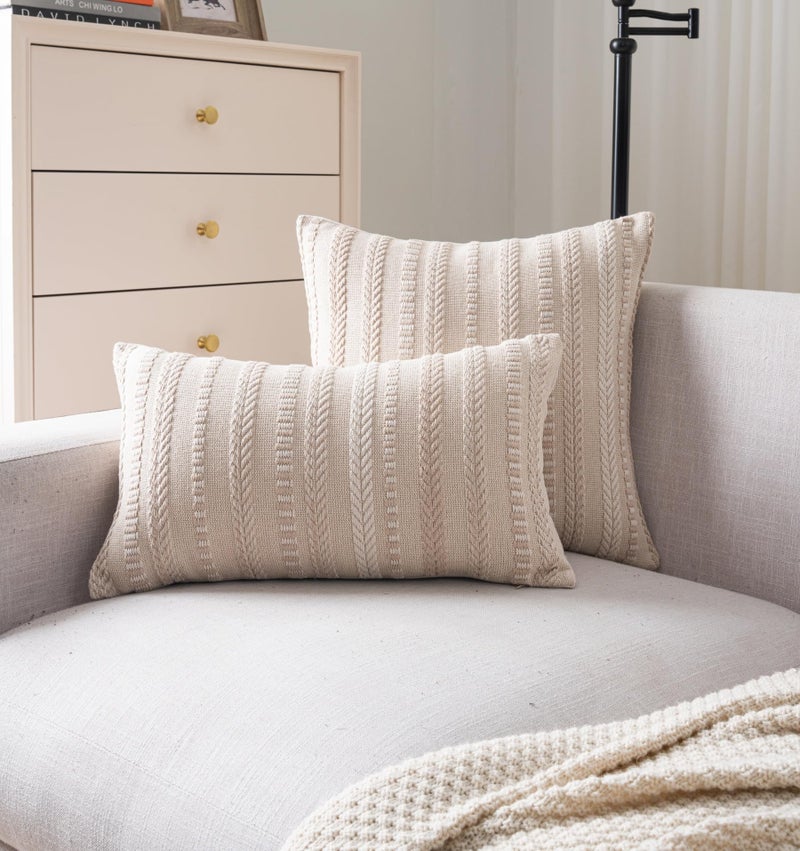 Cethom Boho Throw Pillow Covers 12x20 Inch Set of 2, Farmhouse Decorative Couch Pillow Cases, Beige Accent Pillows of Bed, Sofa Bedroom Living Room Home Decor Cushion Cover - Image 2