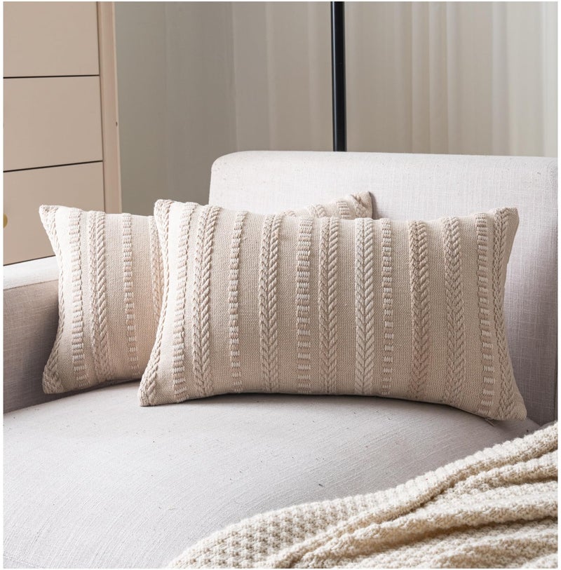 Cethom Boho Throw Pillow Covers 12x20 Inch Set of 2, Farmhouse Decorative Couch Pillow Cases, Beige Accent Pillows of Bed, Sofa Bedroom Living Room Home Decor Cushion Cover - Image 1