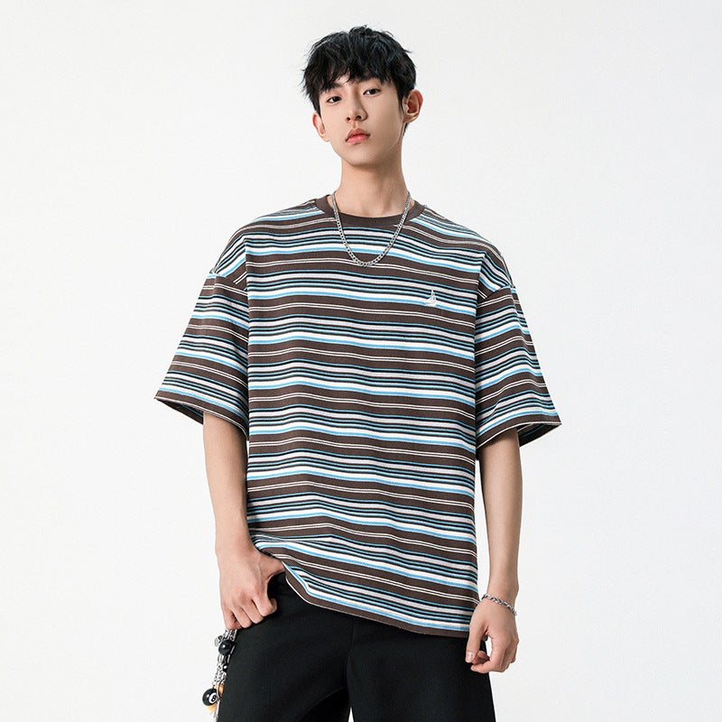 2025 factory direct supply striped T-shirt short sleeve summer men's round neck Japanese fashion brand retro half sleeve loose T-shirt - Image 1