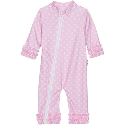 SwimZip Baby Girl Long Sleeve Sunsuit with UPF 50+,Sassy Surfer Pink Dots,12-18 Months - Image 1