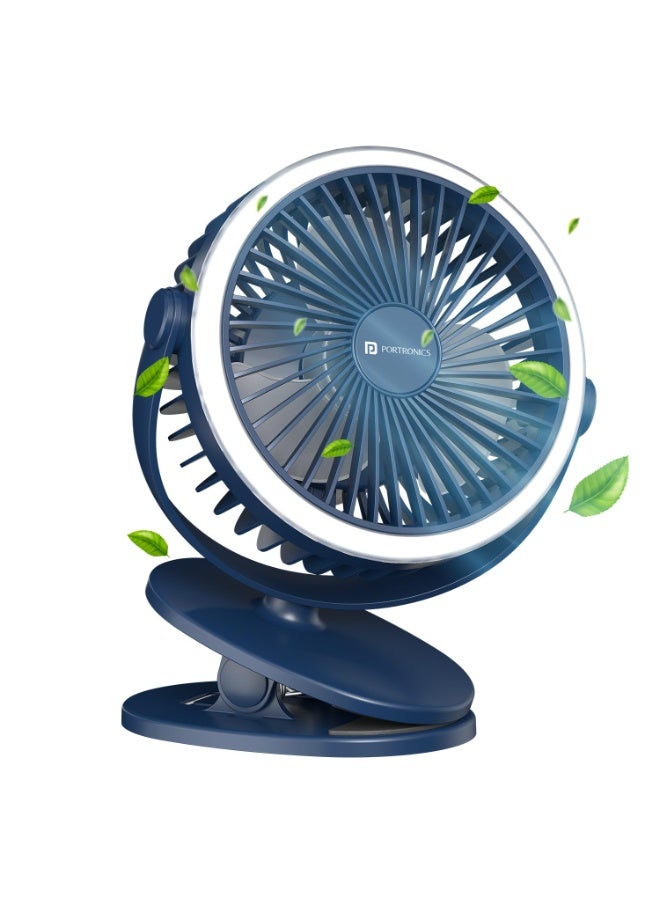 بورترونيكس Portronics ClipCool Portable Rechargeable Clip-On Fan with Ring LED Light, Type-C Charging, 360° Rotation, 3 Speed Modes Up to 3000 RPM, BLDC Motor, Up to 4 Hour Playtime, for Home,Car & Office, Blue - Image 1