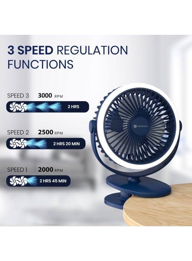 بورترونيكس Portronics ClipCool Portable Rechargeable Clip-On Fan with Ring LED Light, Type-C Charging, 360° Rotation, 3 Speed Modes Up to 3000 RPM, BLDC Motor, Up to 4 Hour Playtime, for Home,Car & Office, Blue - Image 2