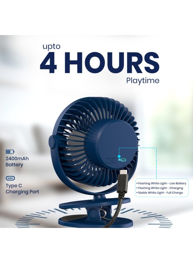 بورترونيكس Portronics ClipCool Portable Rechargeable Clip-On Fan with Ring LED Light, Type-C Charging, 360° Rotation, 3 Speed Modes Up to 3000 RPM, BLDC Motor, Up to 4 Hour Playtime, for Home,Car & Office, Blue - Image 3