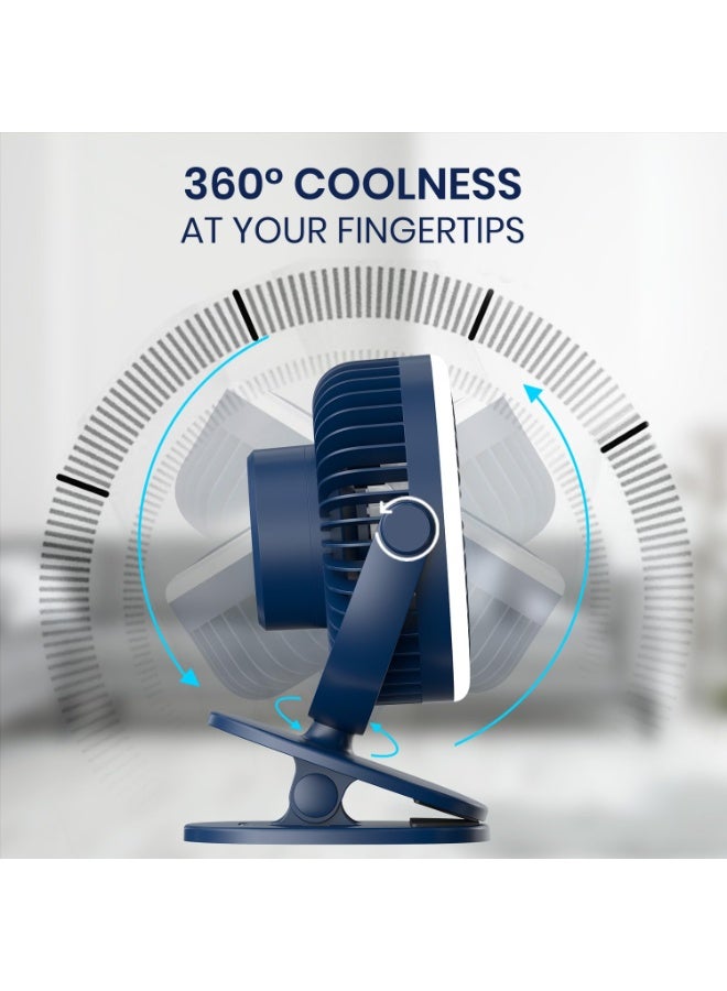 بورترونيكس Portronics ClipCool Portable Rechargeable Clip-On Fan with Ring LED Light, Type-C Charging, 360° Rotation, 3 Speed Modes Up to 3000 RPM, BLDC Motor, Up to 4 Hour Playtime, for Home,Car & Office, Blue - Image 4