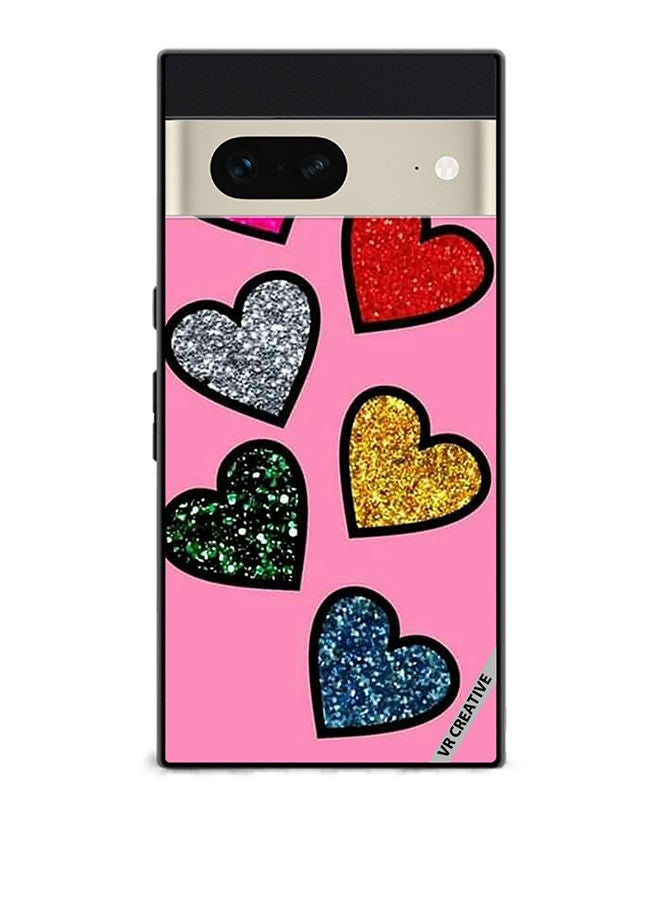 VR CREATIVE Protective Case Cover For Google Pixel 7 Glitter Hearts in Pink Background Design Multicolour - Image 1
