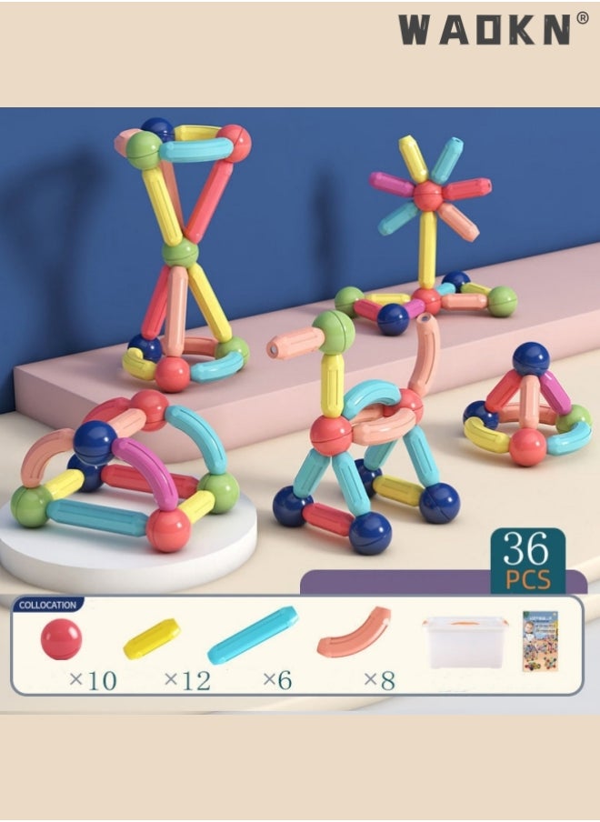 WAOKN - 36PCS Magnetic Bar Children's Early Education Puzzle Toys With Varying Shapes Assembled With Large Particles Of Magnetic Blocks Toy Set Storage Box - Image 1