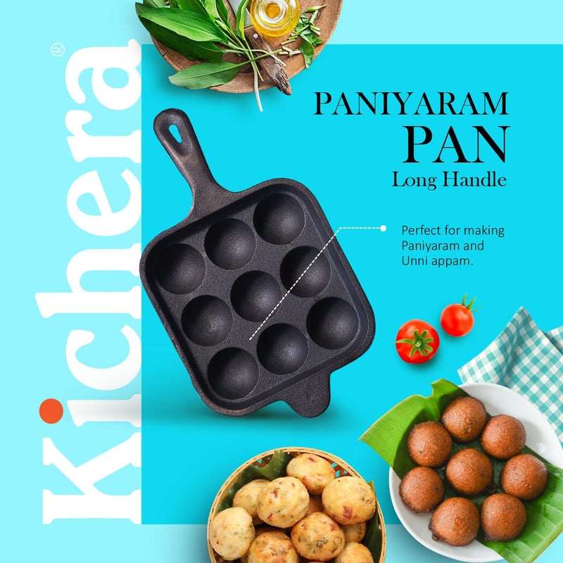 Kichera Cast Iron 9 Cavity Paniyaram pan Long Handle 7 Inch 24kg Paddu Maker Ponganalu Kallu Appam Chatti PreSeasoned Naturally NonStick Induction Friendly Pure ToxinFree Appachatty - Image 3