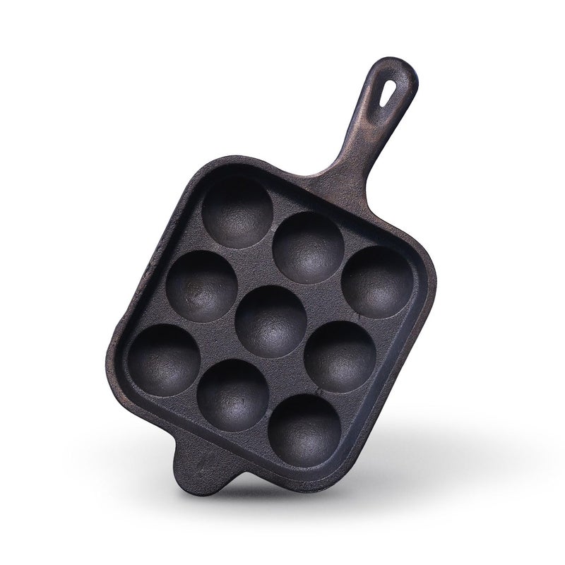 Kichera Cast Iron 9 Cavity Paniyaram pan Long Handle 7 Inch 24kg Paddu Maker Ponganalu Kallu Appam Chatti PreSeasoned Naturally NonStick Induction Friendly Pure ToxinFree Appachatty - Image 1