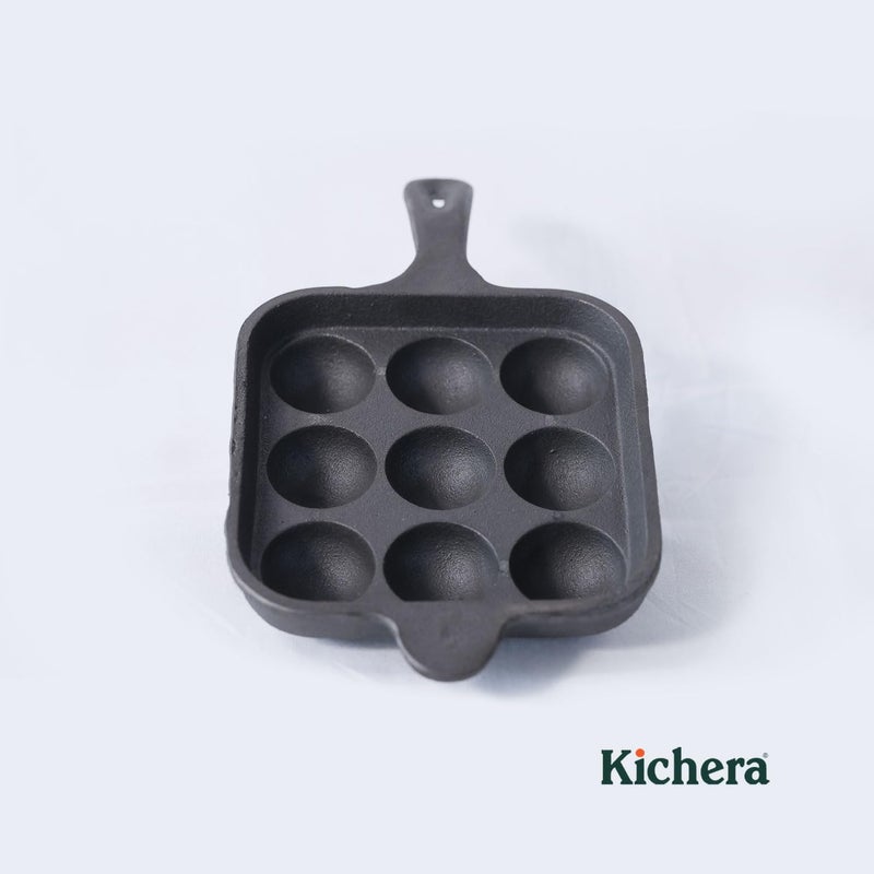 Kichera Cast Iron 9 Cavity Paniyaram pan Long Handle 7 Inch 24kg Paddu Maker Ponganalu Kallu Appam Chatti PreSeasoned Naturally NonStick Induction Friendly Pure ToxinFree Appachatty - Image 2