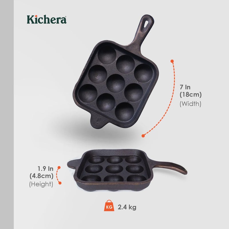 Kichera Cast Iron 9 Cavity Paniyaram pan Long Handle 7 Inch 24kg Paddu Maker Ponganalu Kallu Appam Chatti PreSeasoned Naturally NonStick Induction Friendly Pure ToxinFree Appachatty - Image 4