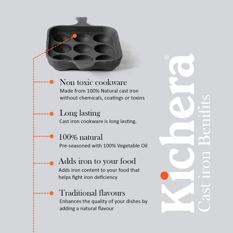 Kichera Cast Iron 9 Cavity Paniyaram pan Long Handle 7 Inch 24kg Paddu Maker Ponganalu Kallu Appam Chatti PreSeasoned Naturally NonStick Induction Friendly Pure ToxinFree Appachatty - Image 5