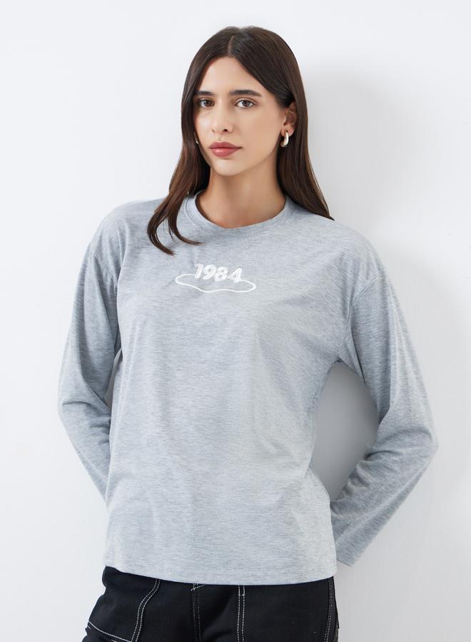 Styli Grey Embroidered Long Sleeve T-Shirt - Image 1