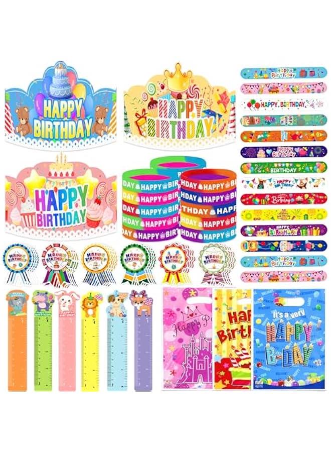 Arabest 210Pcs Happy Birthday Kits for Kids Classroom, Birthday Crowns for Kids Classroom with Hats, Rulers, Badge Stickers, Bracelets, Party Bags for School Teacher Classroom Party Supplies  - Image 1