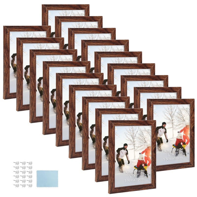 PHAREGE 5x7 MDF Picture Frame Bulk Dark Brown 18 Pack, Embossed Faux Wood Grain 5 by 7 Rustic Frame Set, Multi-pack Farmhouse Frames for Photos, Vertically or Horizontally, Tabletop or Wall - Image 1