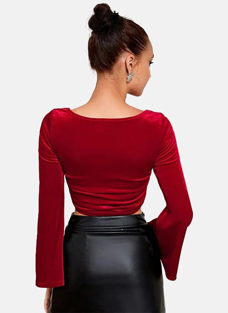 YUNIQEE Red Solid Slim Fit Long Sleeve Top