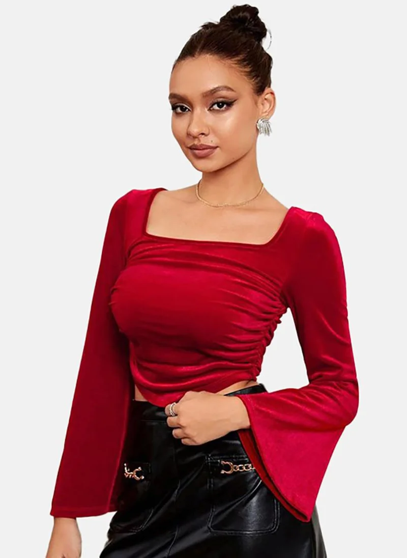 YUNIQEE Red Solid Slim Fit Long Sleeve Top