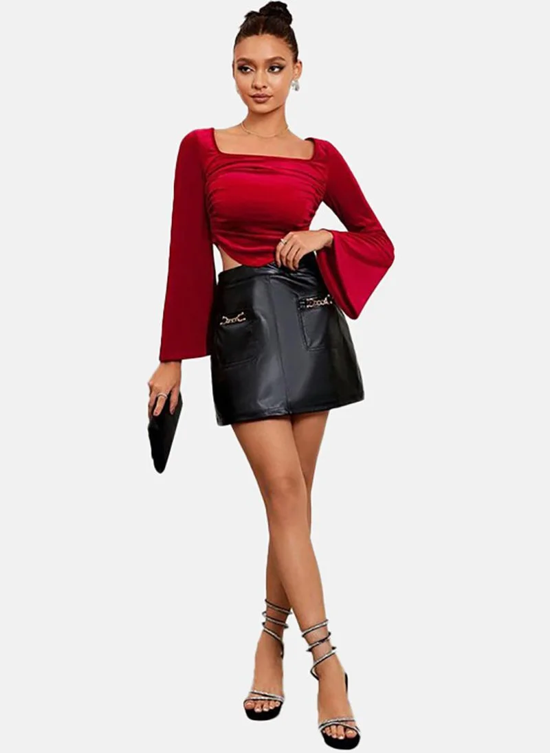 YUNIQEE Red Solid Slim Fit Long Sleeve Top