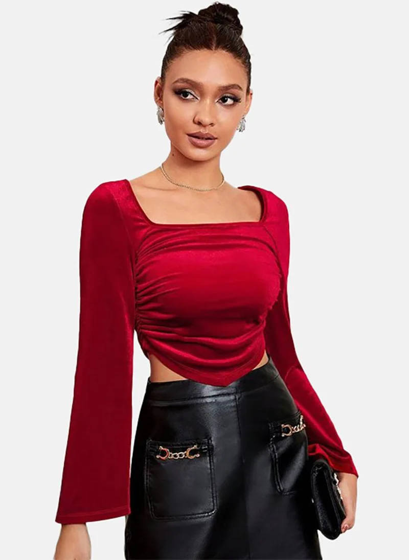 YUNIQEE Red Solid Slim Fit Long Sleeve Top