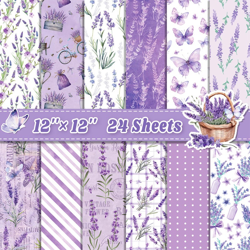 Feivando 24 Sheets Lavender Scrapbook Paper 12'' Ã— 12'' Double-Sided Purple Flower Butterfly Pattern Paper Floral Decorative Decoupage Cardstock for DIY Card Craft Making Scrapbook Supplies - Image 1