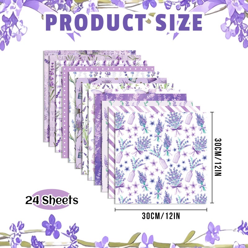 Feivando 24 Sheets Lavender Scrapbook Paper 12'' Ã— 12'' Double-Sided Purple Flower Butterfly Pattern Paper Floral Decorative Decoupage Cardstock for DIY Card Craft Making Scrapbook Supplies - Image 2