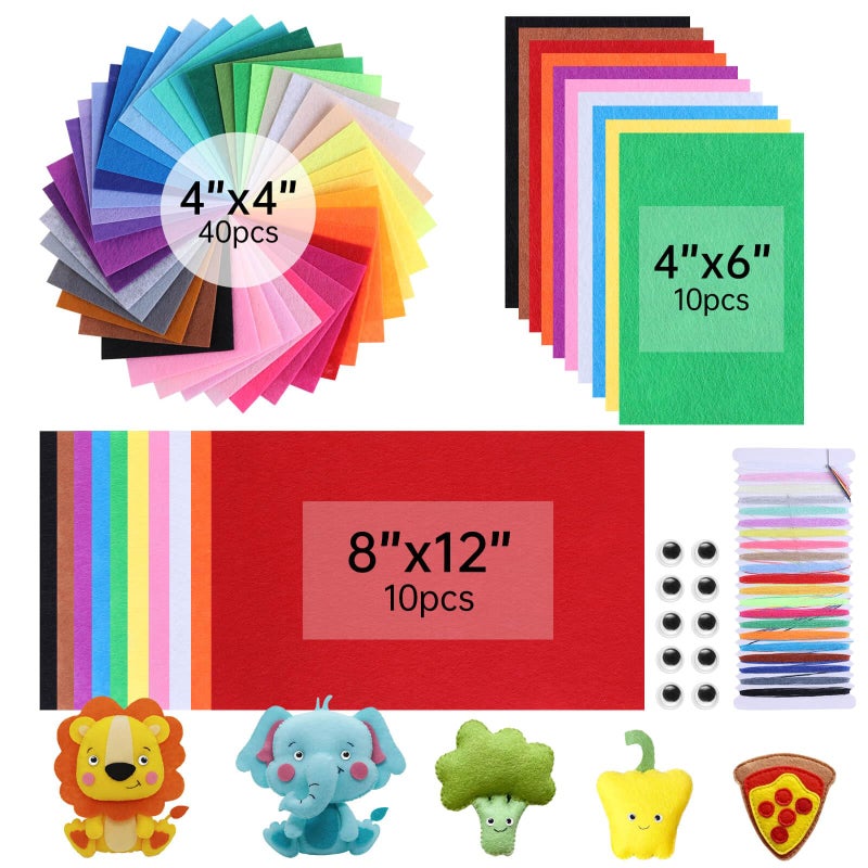 ABEJFIC 60PCS Felt Fabric Sheets Craft Kit - 4"x 4" + 4"x 6"+ 8"x 12" Assorted Colors - 1mm Thick Square Nonwoven Felt Fabric for Kids, DIY Sewing Crafts, Patchwork, School Projects, Decoration - Image 1