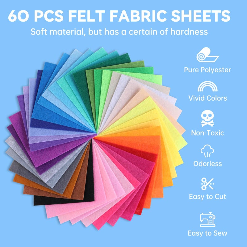 ABEJFIC 60PCS Felt Fabric Sheets Craft Kit - 4"x 4" + 4"x 6"+ 8"x 12" Assorted Colors - 1mm Thick Square Nonwoven Felt Fabric for Kids, DIY Sewing Crafts, Patchwork, School Projects, Decoration - Image 3