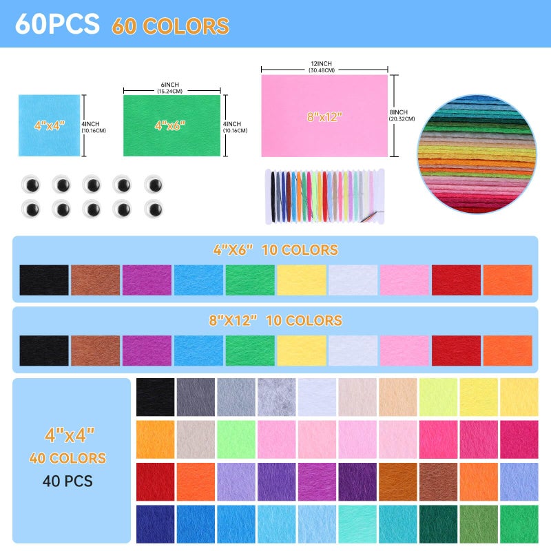 ABEJFIC 60PCS Felt Fabric Sheets Craft Kit - 4"x 4" + 4"x 6"+ 8"x 12" Assorted Colors - 1mm Thick Square Nonwoven Felt Fabric for Kids, DIY Sewing Crafts, Patchwork, School Projects, Decoration - Image 2
